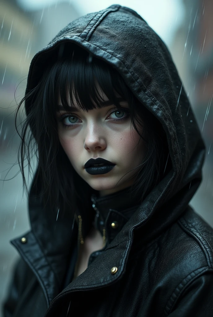 Young woman photography, with white skin, short messy black hair, straight bangs, gray eyes, black makeup under the eyes, labial color negro, smiling, wears black jacket, hood on, black shirt, under the rain 