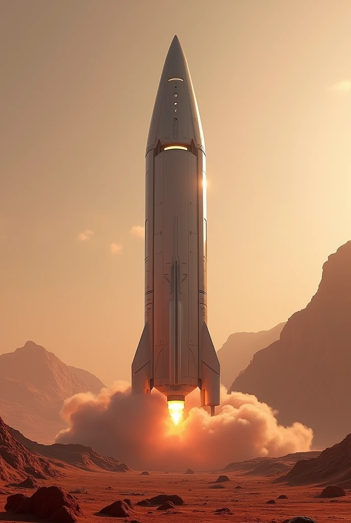 (GENERATES AN IMAGE OF AN XPACE ROCKET ON THE PLANET MARS)