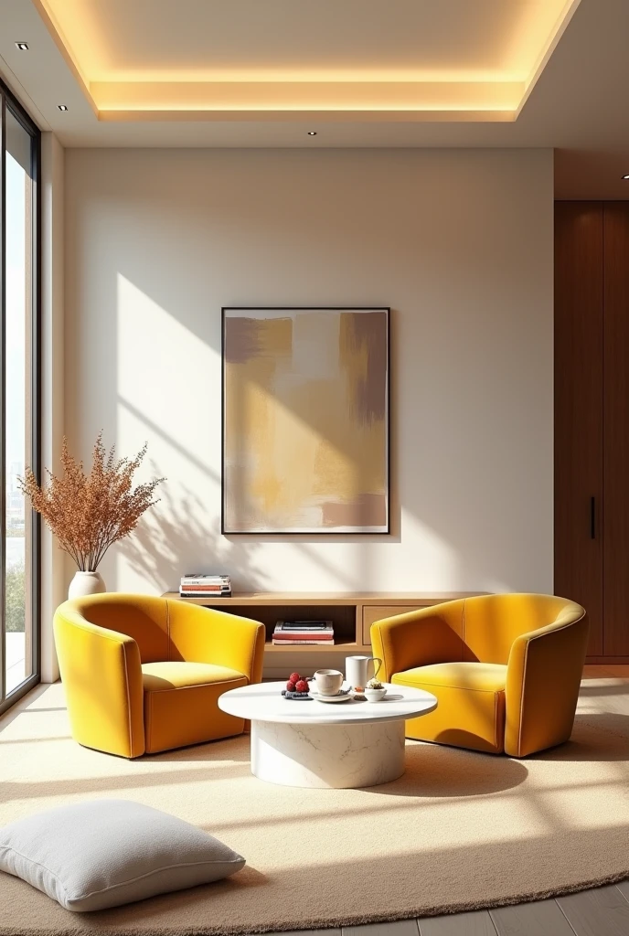 Professional 3d architecture rendering design of modern and minimal relax room with light lemon colour modern velvet 2 Florence sofa and white stone marble table modern and modern ceiling lighting and elegant ceiling lighting and light wooden consulate and modern ceiling lighting and elegant wall painting and elegant accessories and elegant green space and beautiful wall painting and modern windows and beautiful curtains and warm color for carpet and beautiful relax room and small library and cozy coffee table and white cozy blanket for sofa and garden view and one cupcake and one cup of coffee in the table and one cup of tea on the table and many one dish with strawberries and blueberries