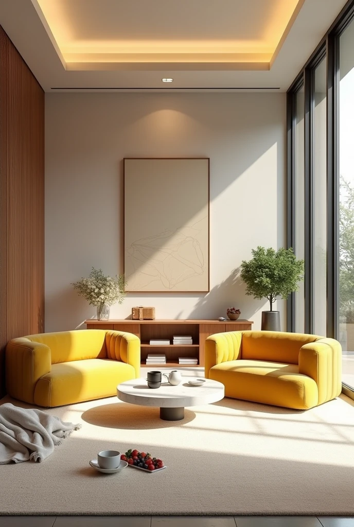 Professional 3d architecture rendering design of modern and minimal relax room with light lemon colour modern velvet 2 Florence sofa and white stone marble table modern and modern ceiling lighting and elegant ceiling lighting and light wooden consulate and modern ceiling lighting and elegant wall painting and elegant accessories and elegant green space and beautiful wall painting and modern windows and beautiful curtains and warm color for carpet and beautiful relax room and small library and cozy coffee table and white cozy blanket for sofa and garden view and one cupcake and one cup of coffee in the table and one cup of tea on the table and many one dish with strawberries and blueberries