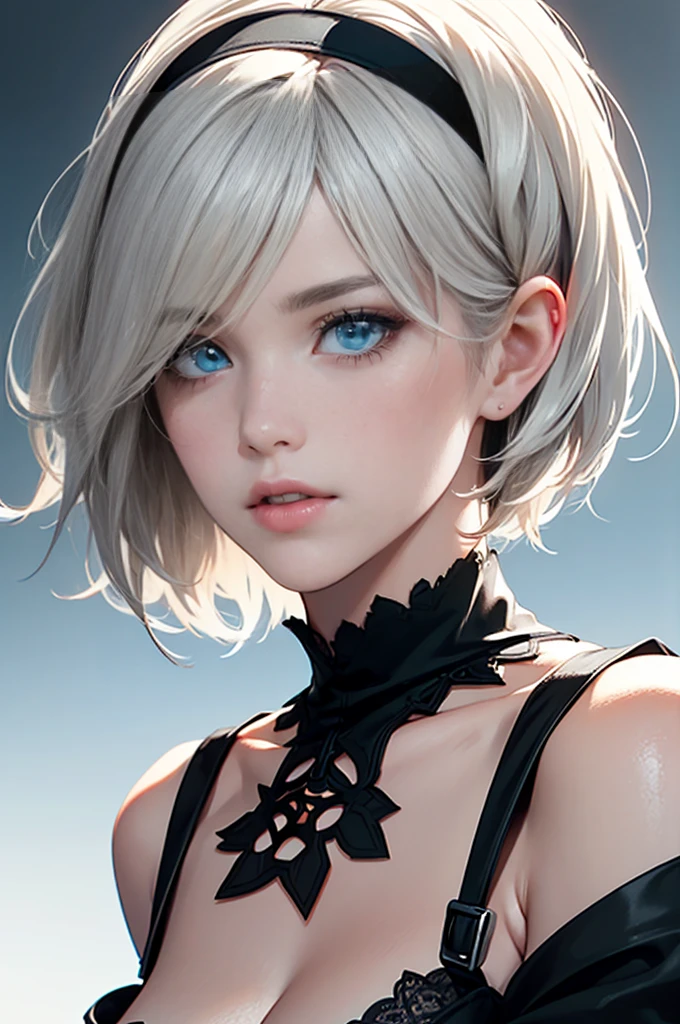 {(masterpiece,best quality, 16K portrait, UHD, extremely detailed the work, detailed beautiful face and eyes and skin and hair)}
BREAK {(ultra realistic photo graphic style)}
BREAK {solo,(2B of Nier-Automa:1.4), (lightbrown-lightwhite colored hair:1.4, short cut hair), (medium mouth),(narrow and sharp eyes),(attractive blue-glay eyes:1.4),(left-eye hidden by bangs:1.2),(slender body,small breasts):1.2,captivating lips}
BREAK {(Nier-Automata-2B costume:1.2),(cleavage between breasts:1.2),(hairband)}
BREAK {peofile,looking away,(more-closeup eyes:1.4)}