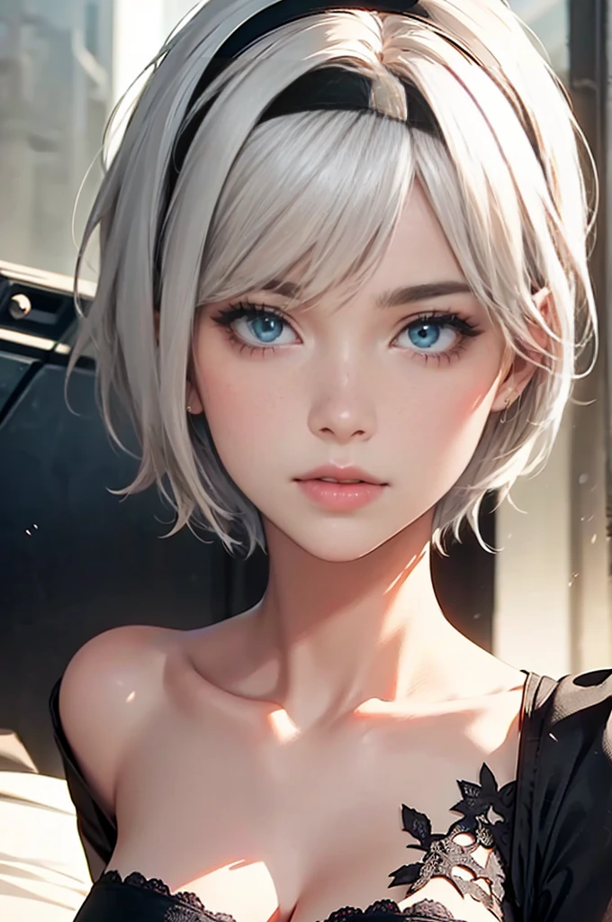{(masterpiece,best quality, 16K portrait, UHD, extremely detailed the work, detailed beautiful face and eyes and skin and hair)}
BREAK {(ultra realistic photo graphic style)}
BREAK {solo,(2B of Nier-Automa:1.4), (lightbrown-lightwhite colored hair:1.4, short cut hair), (medium mouth),(narrow and sharp eyes),(attractive blue-glay eyes:1.4),(left-eye hidden by bangs:1.2),(slender body,small breasts):1.2,captivating lips}
BREAK {(Nier-Automata-2B costume:1.2),(cleavage between breasts:1.2),(hairband)}
BREAK {(more-closeup eyes:1.4)}