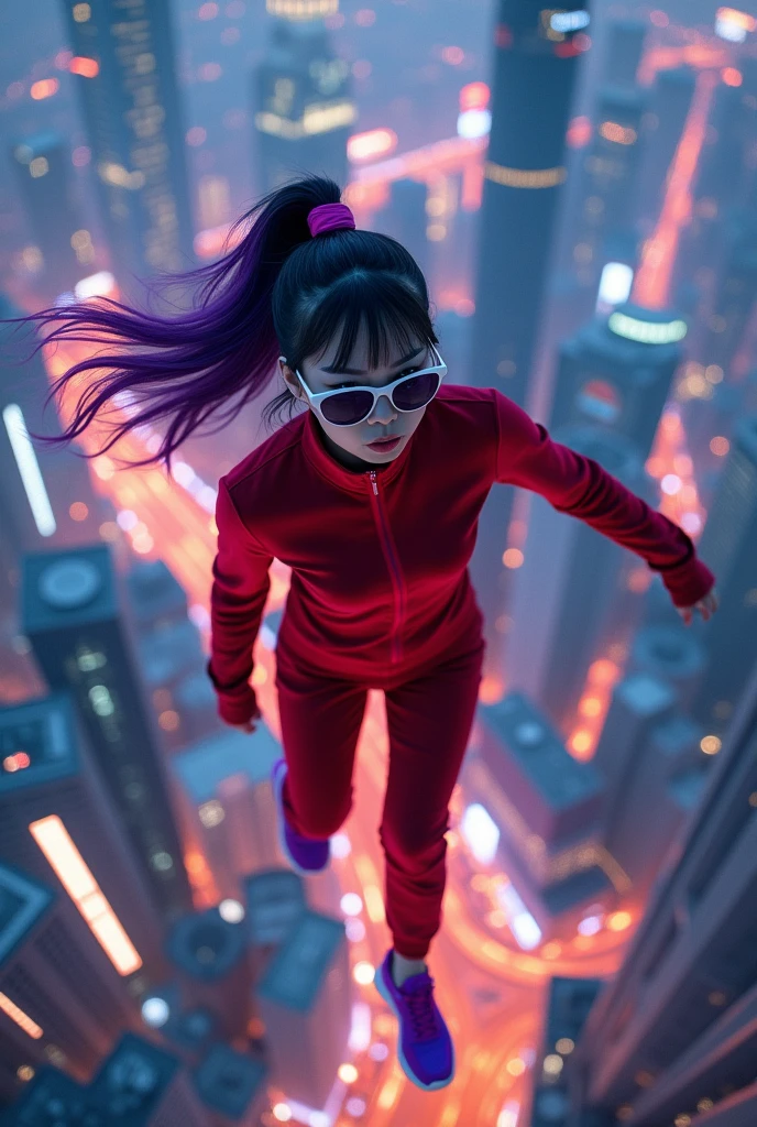Young korean woman flying over seoul korea at night, close up, body-mounted camera shot. red track suit, sunglasses, purple shoes, purple ponytail