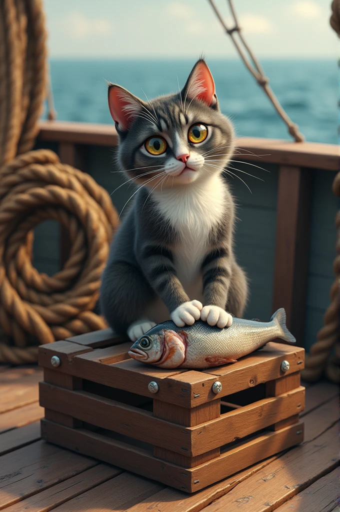 The cat eats fish on the ship 