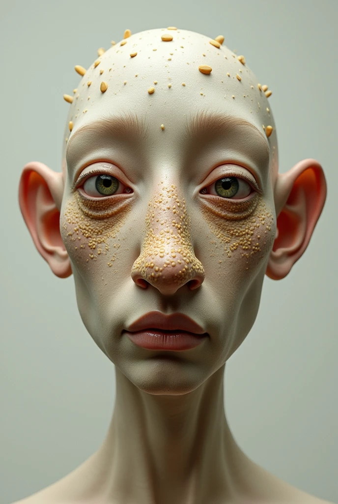 A face whose nose is shaped like an ear, and every pore in that nose is clogged by a sesame seed