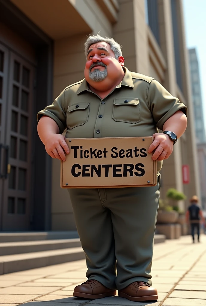 Can you create a chubby mid 60 american man with little beards man holding a card written `TICKSEATS CENTERS’ on it , before going into a venue looking realistic