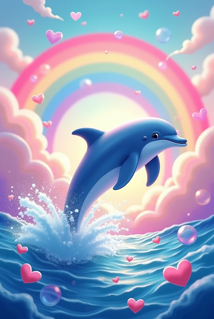 Sky blue dolphin jumping in multicolored sea and pink sky with lots of bubbles everywhere and rainbow with pastel colors and hearts