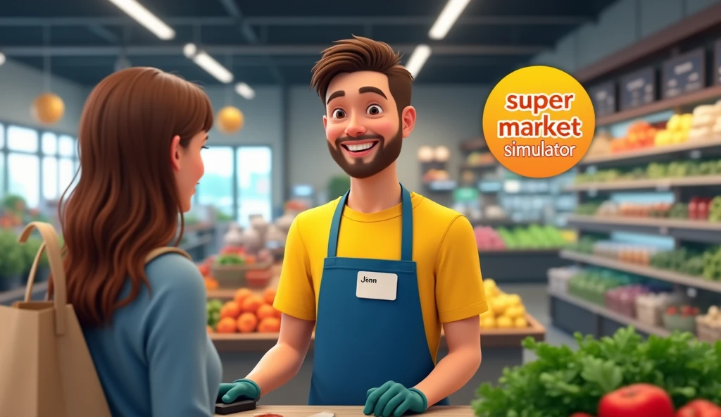 A friendly and cheerful young man is working as a cashier in a modern supermarket. He is wearing a bright yellow shirt paired with a blue apron, and a name tag with the name 'John' is visible on his chest. The man is smiling warmly while using a scanner to check out a customer's groceries, which include fresh produce like leafy greens and red bell peppers. The customer, who is holding a reusable shopping bag, is partially visible from behind. The background shows a well-lit store with shelves full of products. In the corner, there is a playful text logo that says 'Super market simulator