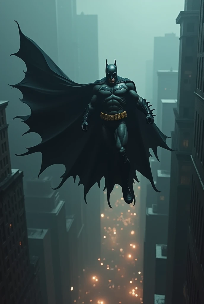 Batman with big black bat shaped cape died and falling from the sky with heavy wind in gotham city the view from the top falling in sleep pose 