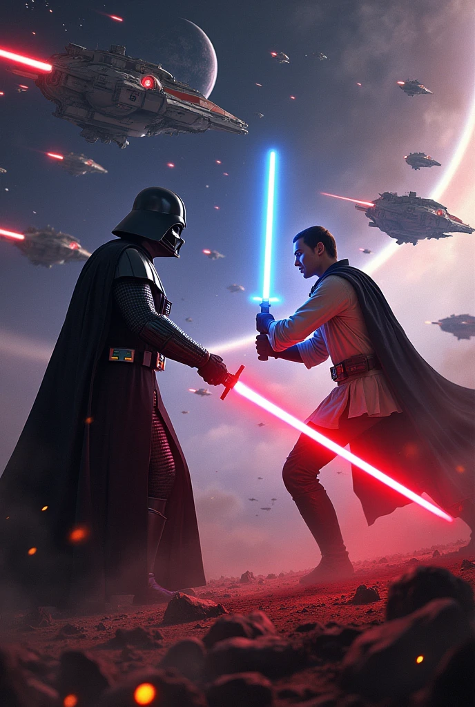 Epic Star Wars Space Battle Scene. In the foreground are Darth Vader and Obi Wan, characters with lightsabers: one lightsaber blue light, the other one is red. All around are majestic spaceships, laser shots and bright stars on a dark galaxy background. An atmosphere of intense battle with spectacular contrasts of light and darkness.