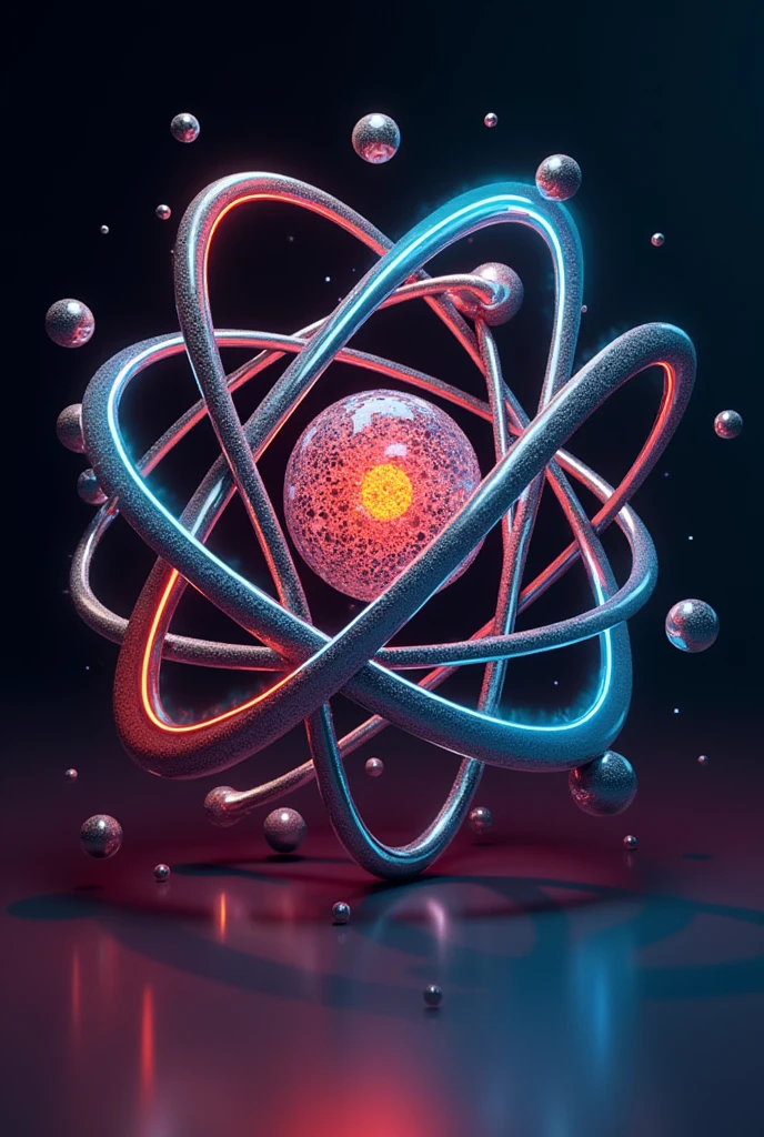 create your own atomic model (unique shapes, unique colors, not inspired by real atomic model, with atom structure, with text of every part)