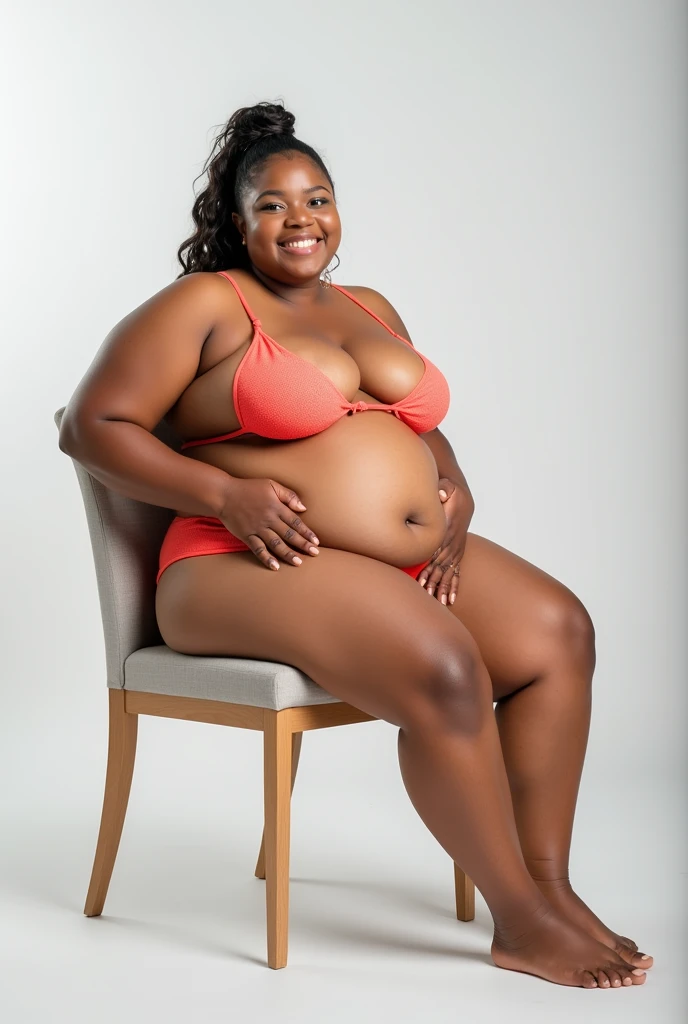 Overweight woman in bikini sitting with her back on a chair, showing her body curves, anatomy, white background.