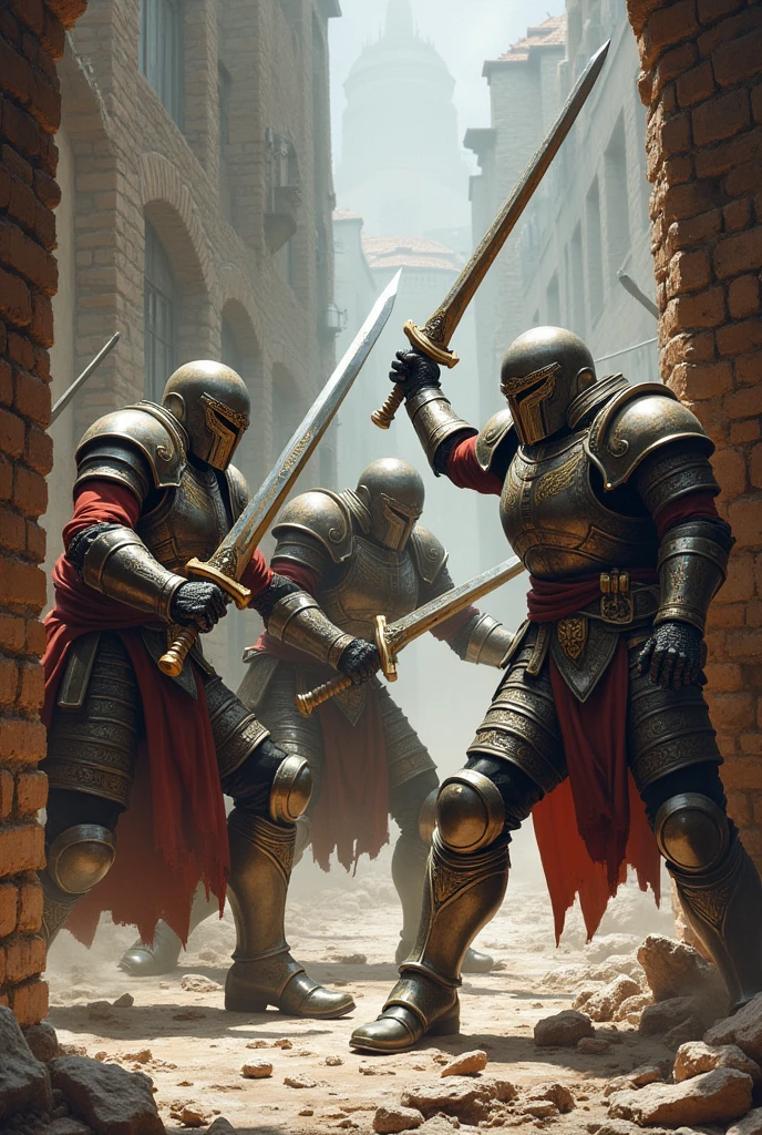 three armored warrior, two hold swords, one holding hammer, smashing brick walls,