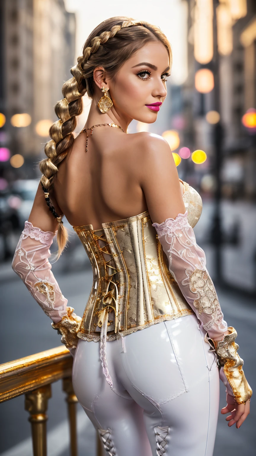 ((masterpiece)), ((best quality)), (ultra-detailed), a pretty woman, 25years old ,solo, beautiful light brown hair, long hair , ((beautiful eyes)), long brown hair, wavy hair, necklace, standing, (((gigantic natural breasts,))) gigantic breasts,(Highly quality, masterpiece, detailed), 8k Ultra HD, image 9:17, 8k, masterpiece, RAW photo, best quality, detail: 1.3), photorealistic, incredibly detailed CG Unity 8k wallpaper, depth of field, cinema light, lens flare, ray tracing, [[[sharp focus: 1.5]]], (extremely beautiful face, beautiful lips, beautiful eyes), ((pink makeup, pink lipstick, eyeliner, cheveux noirs moelleux, Hair illumination, voluminous lighting, expressive eyes)), face with intricate details, ((very detailed skin)), 1 girl, in the dark, deep shadow, pretty girl, (big bust:1.5), ((narrow waist, slanderous legs)), (small ass), perky, (oli face: 1.3), (very slim slender fit-muscled body:1.3), ((looks at viewer)), (big smile), (lace-up dress), (sleeve), (city night, (neon), (night), tights, clean eyes, walking, face forward, (cowboy shot), (((magenta lace-up corset))), ((white color dress)), ((( (magenta: lace-up), (((white: Black: latex pants: lace-up))), (((long lace laced gloves))), long legs, ((Long Messy pink Pony with Braid, (flowers in hair))), 3D, rich colors, turning back, back shot, (Intricately detailed multi-layer lace corset), ((earrings, diamonds, necklace, ((gold)), bracelets, valuables), ray tracing, Fujifilm 85mm, super detail, ccurate