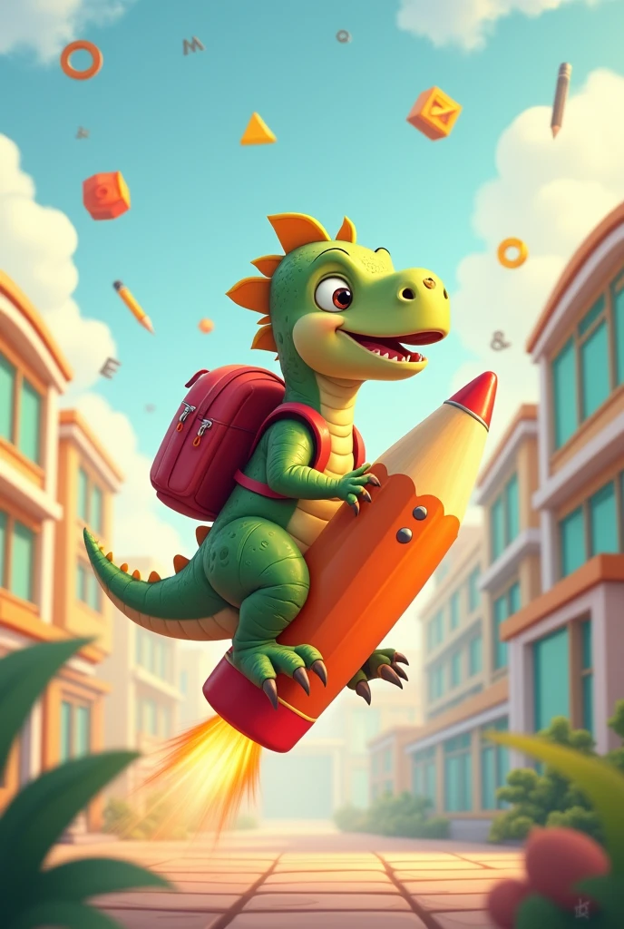 Crée une illustration vecteur d’une dinosaure de 3 ans fantaisiste réaliste , monté sur un crayon géant comme une fusée. La est équipé d'un sac à dos rouge, prêt pour une aventure éducative. L’arrière-plan est une cours d'école , derriere lui de divers objets scolaires comme des calculatrices, des cahiers et des formes géométriques flottant dans un espace aux couleurs pastel douces pour évoquer un environnement d’apprentissage