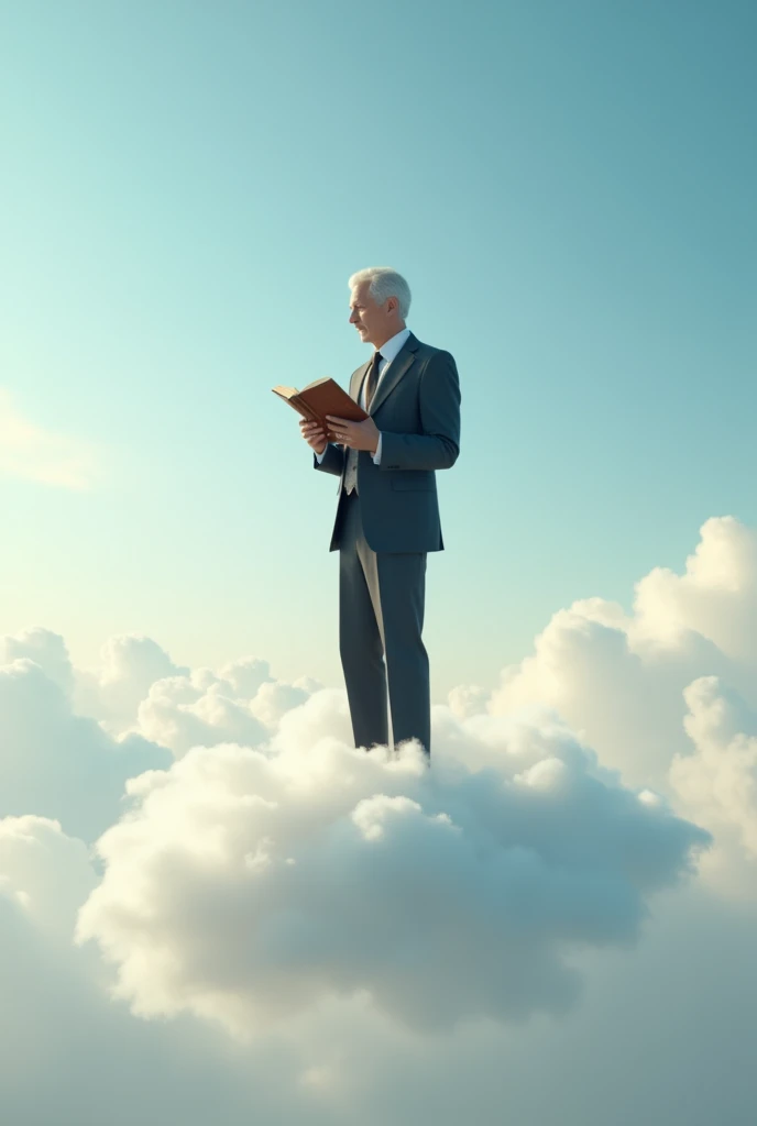 Generate a picture of man standing on cloud  and reading 