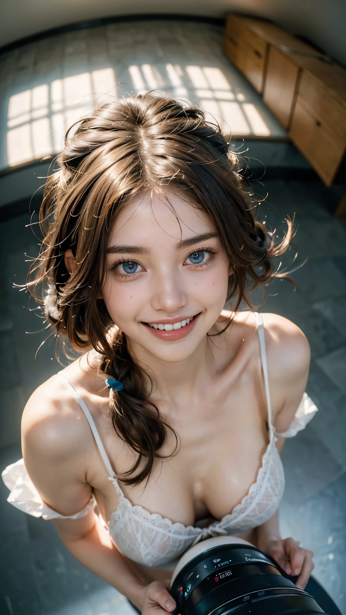 1 pretty girl,white skinned,brown hair,looking at viewer, beautiful small chest, France, pony tail, happy smile, lingerie model shooting, flowering blankets