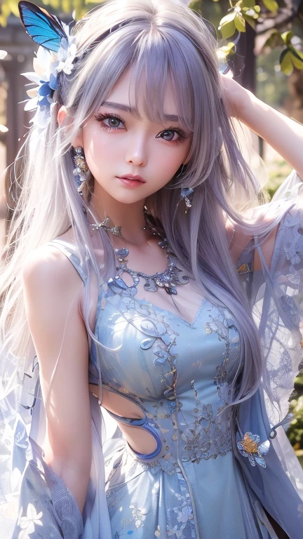 ((masterpiece)), (((Highest quality))), ((Very detailed)), colorful, High resolution, One girl, alone, Upper Body, Grey Hair,Green Eye, Luo Tianyi (Midsummer),Midsummer, Black and purple dress, (Blue Butterfly), White butterfly wings、beautiful、Super Beauty、