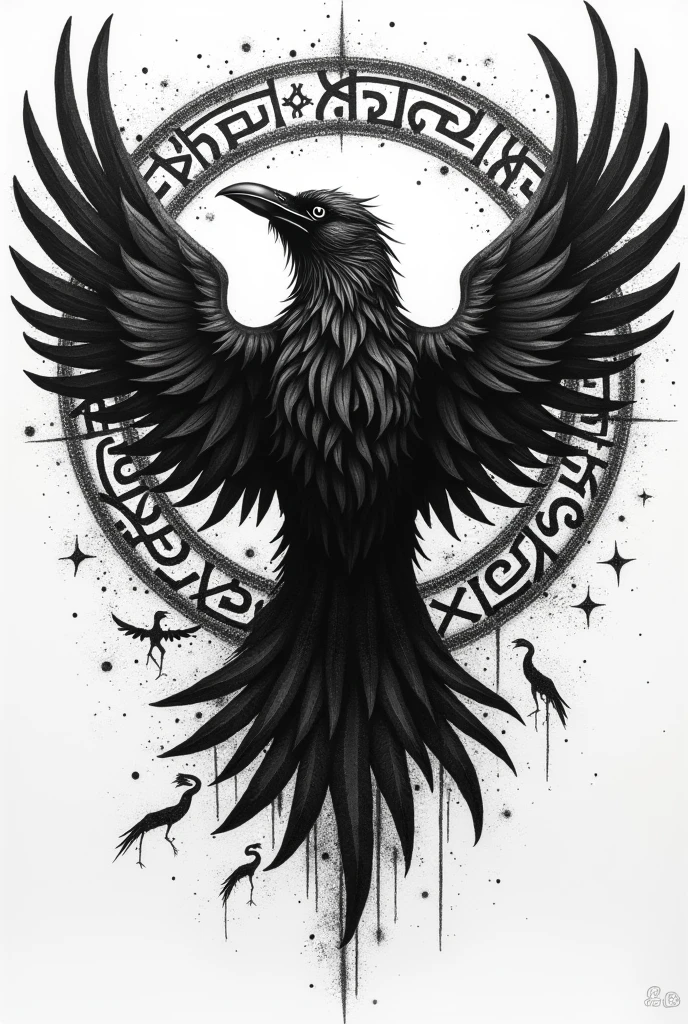 create a black and white pointillism tattoo of a viking norse raven with runes magic and war with fighting and axes