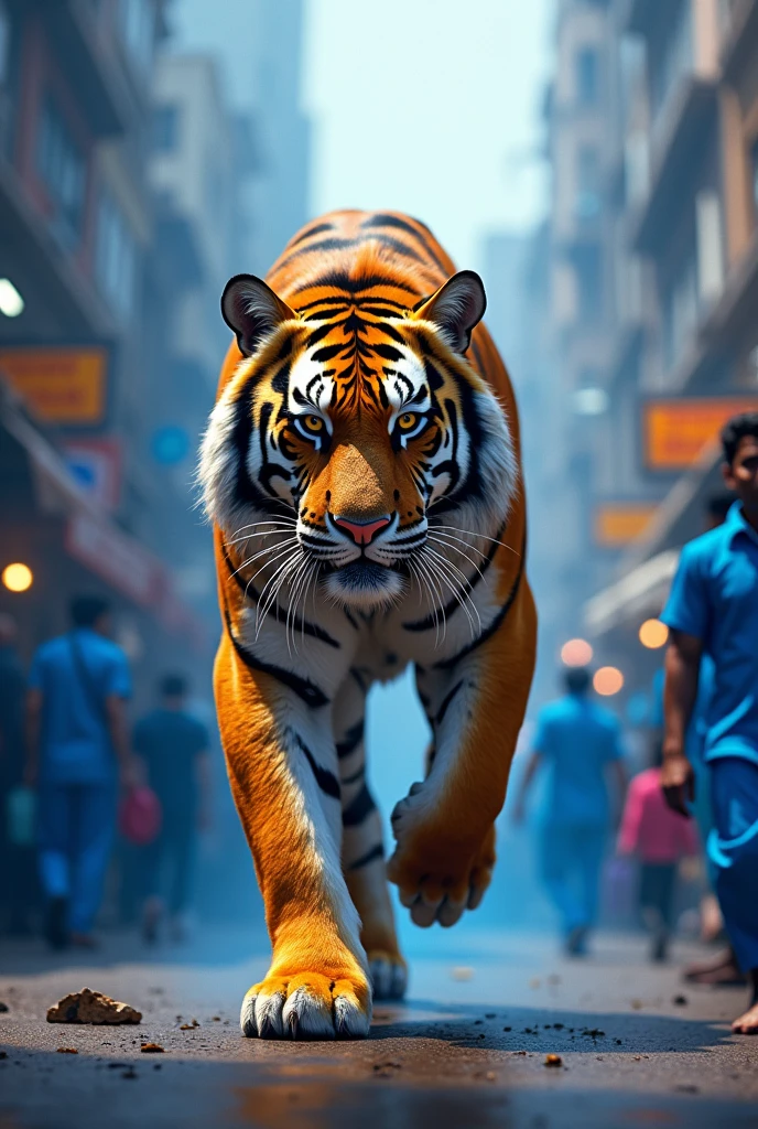 Indian Bengal tiger in Mumbai City and around walking people in blue colour