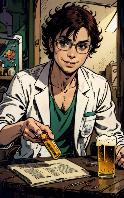 best quality,highres:1.2),ultra-detailed, (pencil drawn portrait of a Male geeky mad scientist,) scientist lab coat, genius expression, glasses shining ,intelligent eyes, mischievous smile, raised eyebrow, (holding a glass of beer in one hand and a test tube in the other hand,) dark background, colourful test tubes, glowing green flask, scientific equipment, quirky and eccentric personality, chaotic energy, sci-fi elements, 80s retro comic book style, vibrant colours, dynamic lighting.