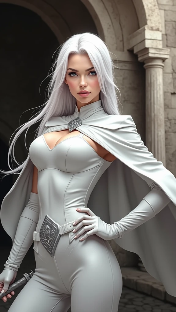 a cartoon of a woman in a white outfit with a sword, zenescope, emma frost, female moon knight, portrait of emma frost, art of silverfox, beautiful comic art, artgerm comic, high detail comic book art, chris moore. artgerm, comic digital art, as seen on artgerm, artgerm style, high quality, (RAW photo, best quality), (realistic, photorealistic: 1.4), (extremely delicate and beautiful: 1.4), amazing, fine details, masterpiece, ultra detailed, high resolution, best illustration, best shadow, intricate, ( extremely intricate: 1.2), (exquisitely detailed skin), cinematic light, perfect anatomy, (cool color: 1.4), sharp focus, 8k UHD, DSLR, (Fujifilm XT3),,(Fondo de ruinas de mazmorra en ruinas piedras grandes caverna cueva :1.4 )