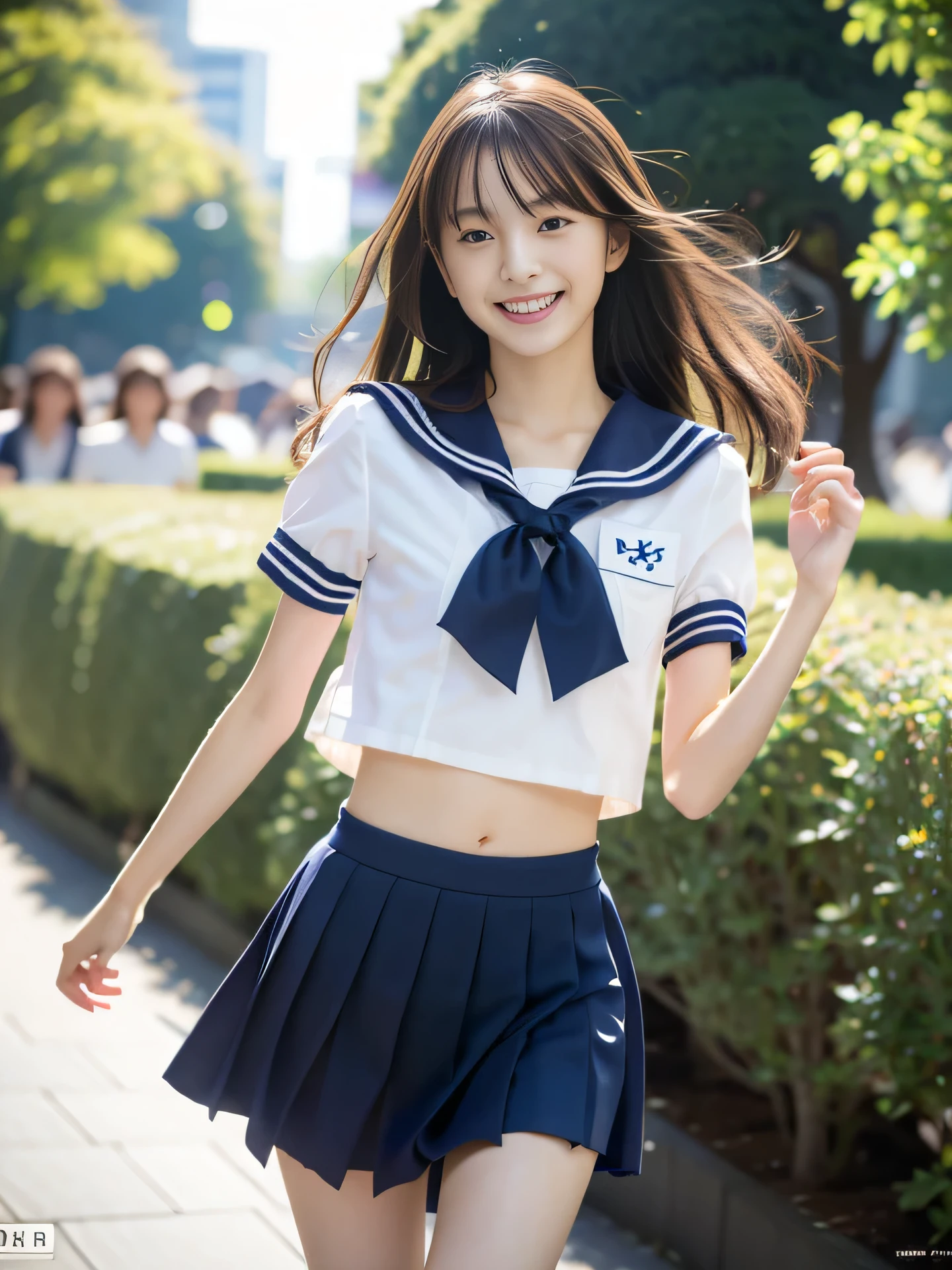 photorealistic, extremely delicate and beautiful, ultra-detailed,(best quality, 8k, 32k, masterpiece, UHD:1.2), Photo of **yo erotic cute Japanese model running through the scramble crossing in Shibuya with many schoolgirls, summer sailor costume school uniform, short sleeve, dark blue pleated skirt, low-rise miniskirt, (navel, forehead), long hair, charming look, charming figure, delicate body shape, delicate figure, upper teeth, kindly smile, young sensual gravure idol, young thin gravure idol, young pretty gravure idol, young gravure idol, young gravure idol, sophisticated gravure idol,