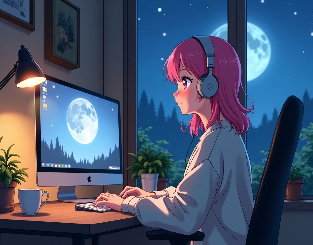 Beautiful pink haired girl working on a computer at a desk,Wearing headphones,Silver necklace,I can see the moon from the window,High resolution,Ghibli-style anime scene