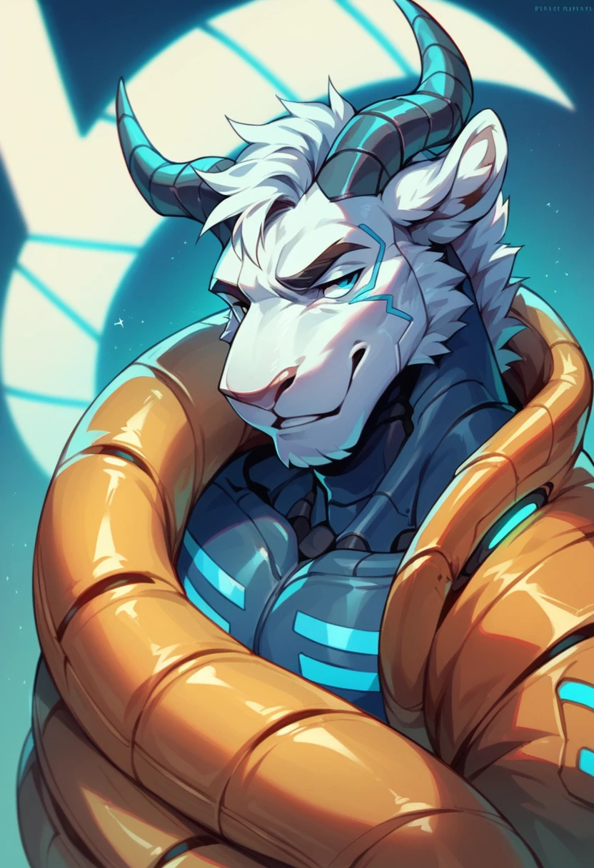Anthropomorphic white ram, male, mature, with wavy crest and coiled horns, with futuristic suit with Tron-like neon blue lights