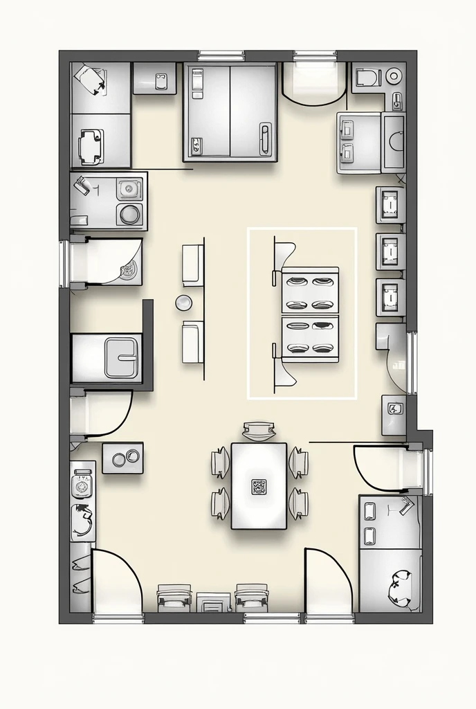 make me a layout or foorplan


B. Apply ergonomics based on proper location of areas as follows:
Kitchen section: (priority)
1. Receiving area
2. Storage area
3. Cooking area
4. Dishwashing area
5. Preparation area
6. Pantry area
7. Dispatching area
8. Washing area
9. Assembly area
10. Garbage/Disposal area