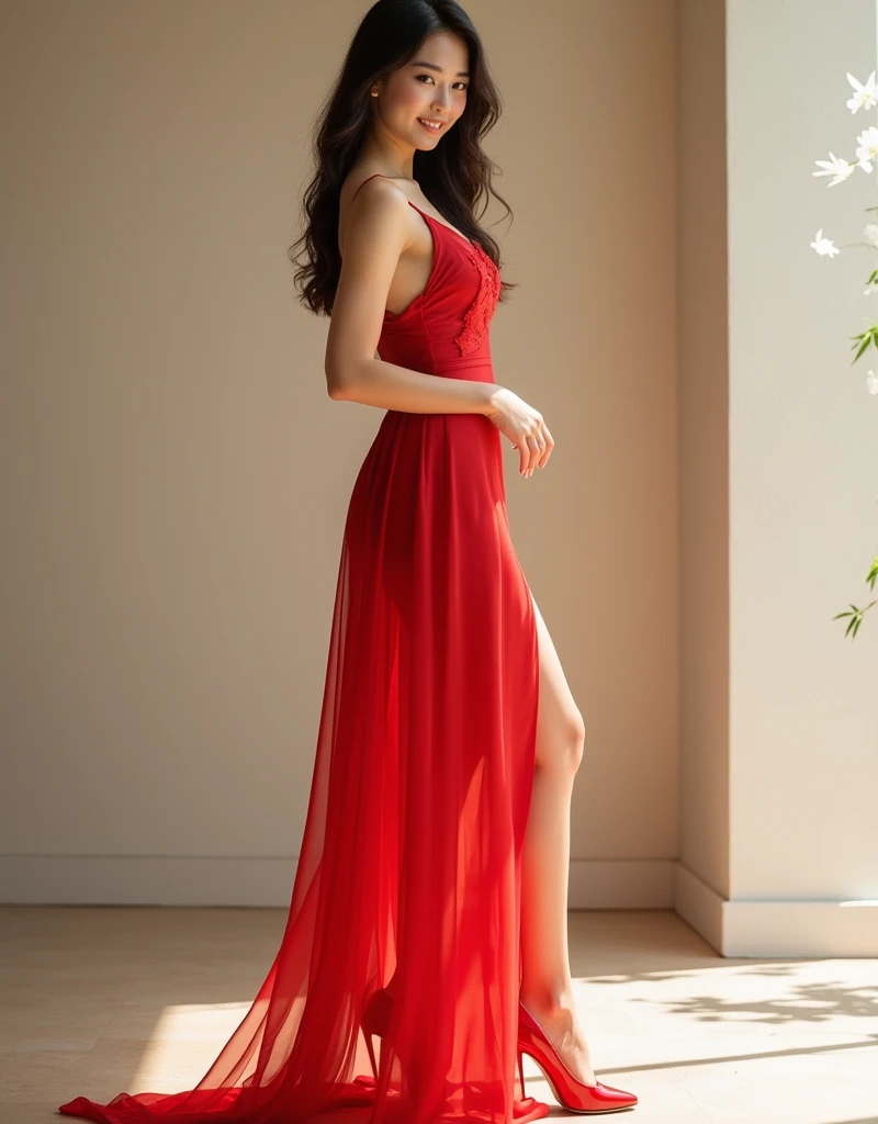 Creates a beautiful, smiling Asian girl,sexy girl, wearing a red dress, full-body, and red shoes.