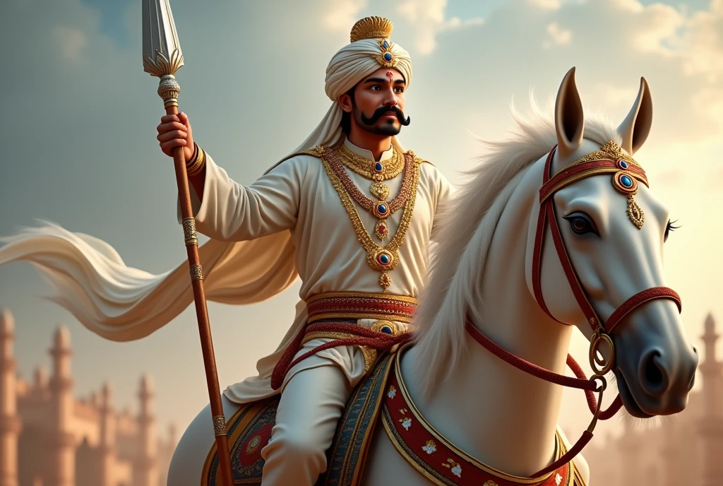 Make an image of Tejaji Maharaj in which he is 30 years old, he has only a mustache on his face and is sitting on a white horse which is decorated. Tejaji Maharaj has a shining turban on his head and a silver spear in his hand.
