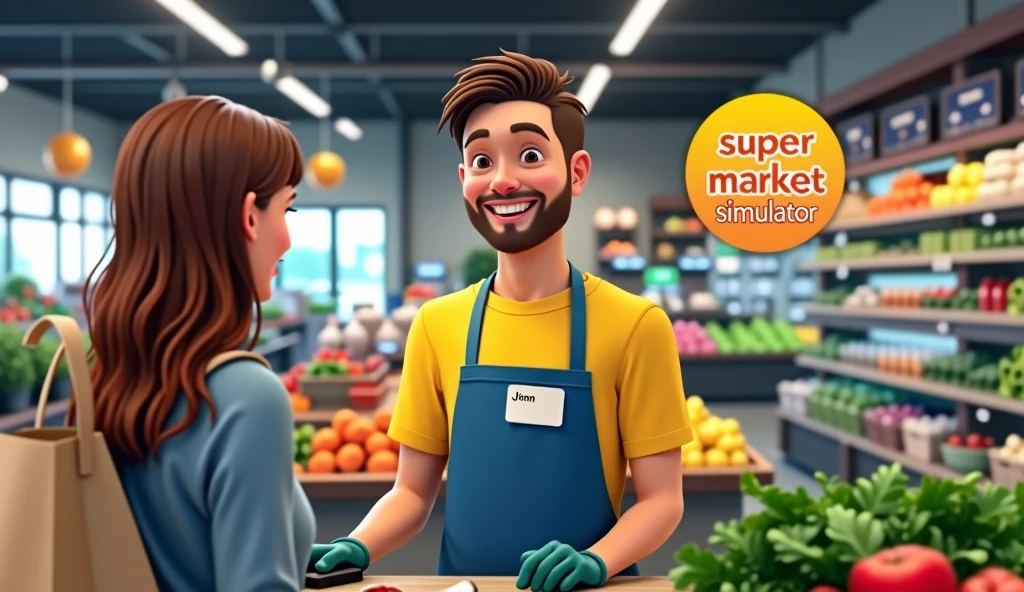 A friendly and cheerful young man is working as a cashier in a modern supermarket. He is wearing a bright yellow shirt paired with a blue apron, and a name tag with the name 'John' is visible on his chest. The man is smiling warmly while using a scanner to check out a customer's groceries, which include fresh produce like leafy greens and red bell peppers. The customer, who is holding a reusable shopping bag, is partially visible from behind. The background shows a well-lit store with shelves full of products. In the corner, there is a playful text logo that says 'Super market simulator