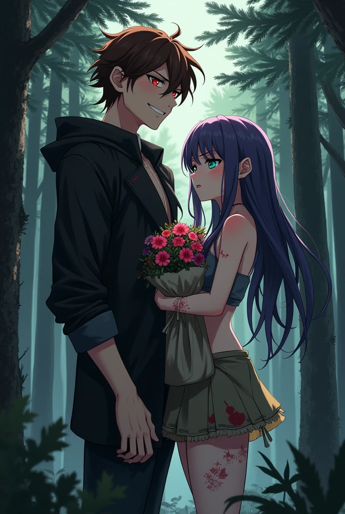 Anime style A vampire boy has wood brown hair red eyes smiling mouth black and white is bigger than the slave holding his hand slave is full of cuts on her body long purple hair and turquoise eyes dirty cloth rag holds the flower bag protectively standing in the middle of the forest full of fir trees the two are in love with each other