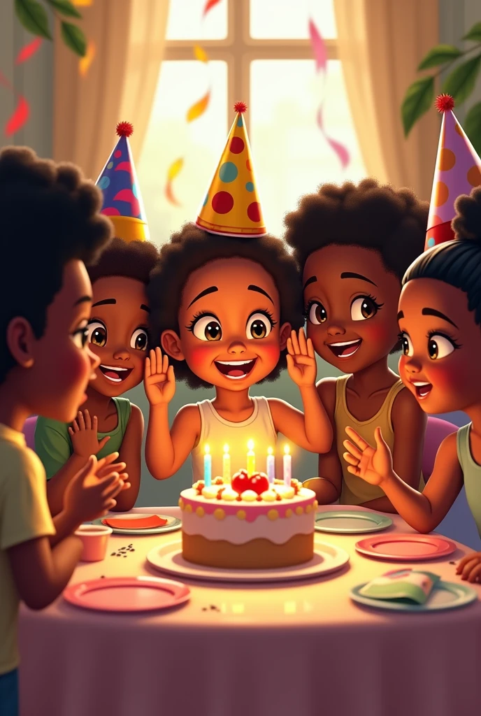 9 black kids seated on a table for a birthday set