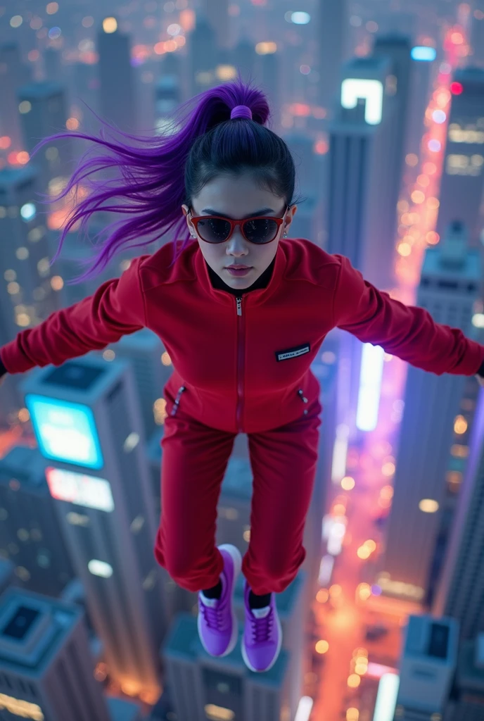 Young korean woman flying over seoul korea at night, close up, body-mounted camera shot. red track suit, sunglasses, purple shoes, purple ponytail