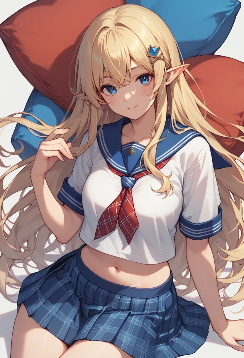 score_9, score_8_up, score_7_up, score_6_up, 1girl, pointy ears, blonde hair, long hair, very long hair, blue eyes, hair ornament, serafuku, school uniform, white shirt, blue sailor collar with Tartan patterns, blue pleated skirt with Tartan patterns, miniskirt, red Argyle tie, navel, 