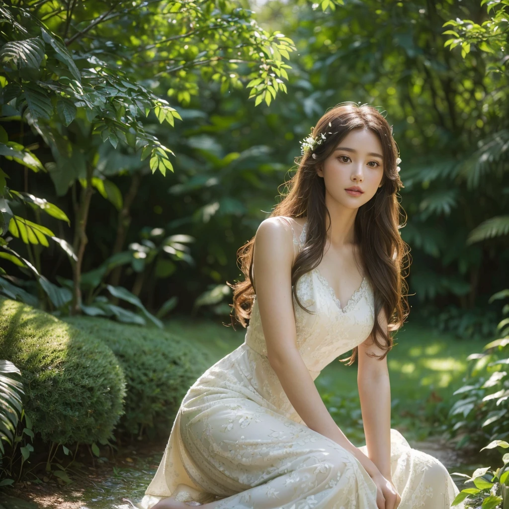 a beautiful young woman in a lush garden, long wavy hair, serene expression, elegant white dress, sunlight filtering through the trees, (best quality,4k,8k,highres,masterpiece:1.2),ultra-detailed,(realistic,photorealistic,photo-realistic:1.37),detailed facial features, intricate floral patterns, natural outdoor setting, warm color tones, soft lighting, cinematic composition