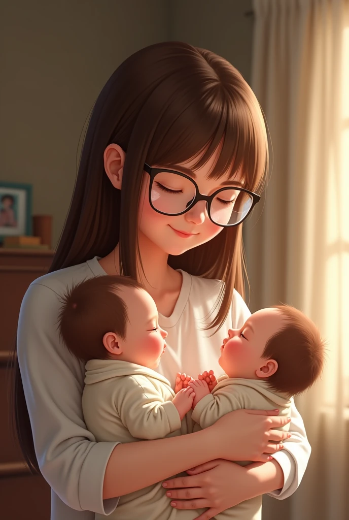 Woman with straight brown hair with glasses holding two babies one and one 
