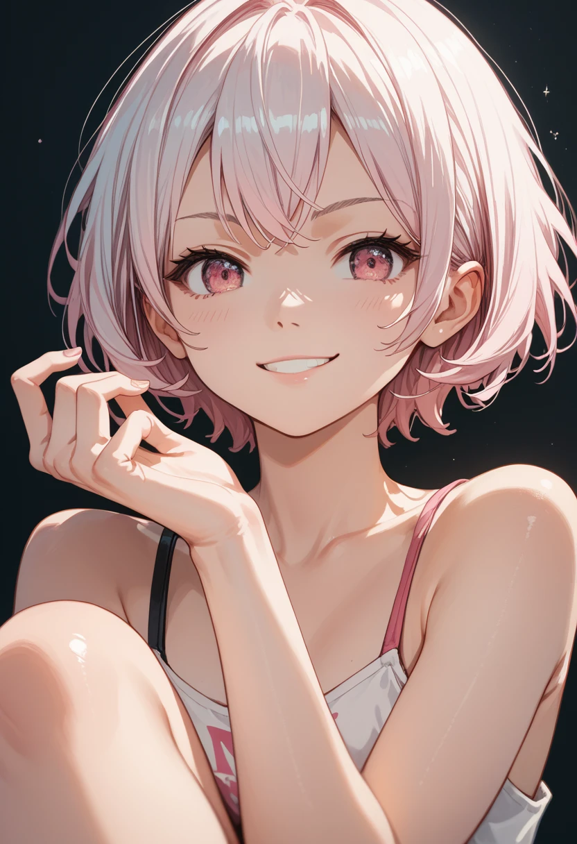 score_9, score_8_up, score_7_up,source_anime, high res image,masterpiece,best quality,girl,cute face,clear skin,simple_background,white hair,short hair,pink eyes,inner_pink_hair,feet_close_up,smirk,