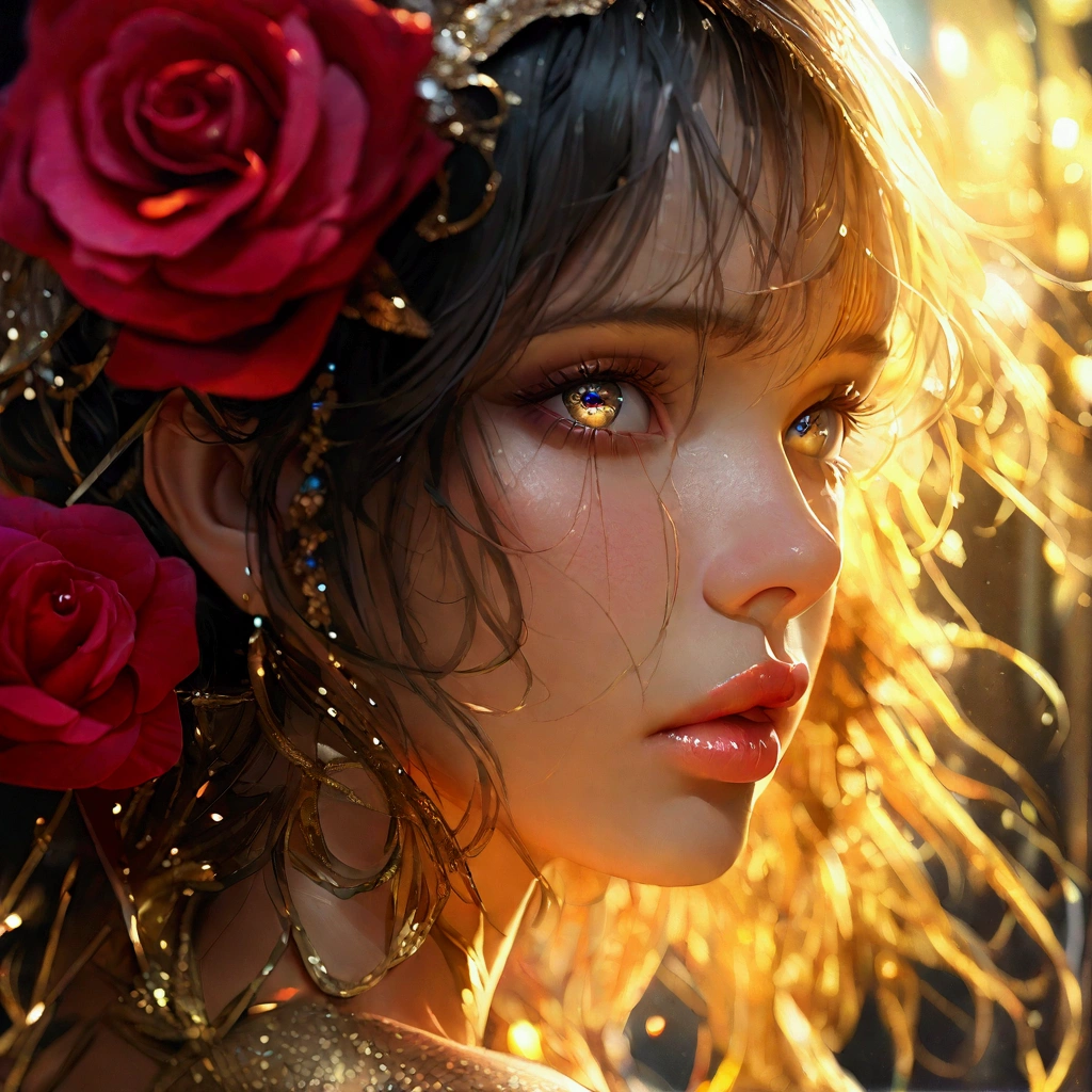 a bronzed girl, rose , feet in focus, stockings, beautiful detailed eyes, beautiful detailed lips, extremely detailed eyes and face, long eyelashes, high quality, 8k, photorealistic, professional, studio lighting, physically-based rendering, vivid colors, elegant, graceful, sensual, feminine, intimate portrait, warm lighting, golden hour, cinematic
