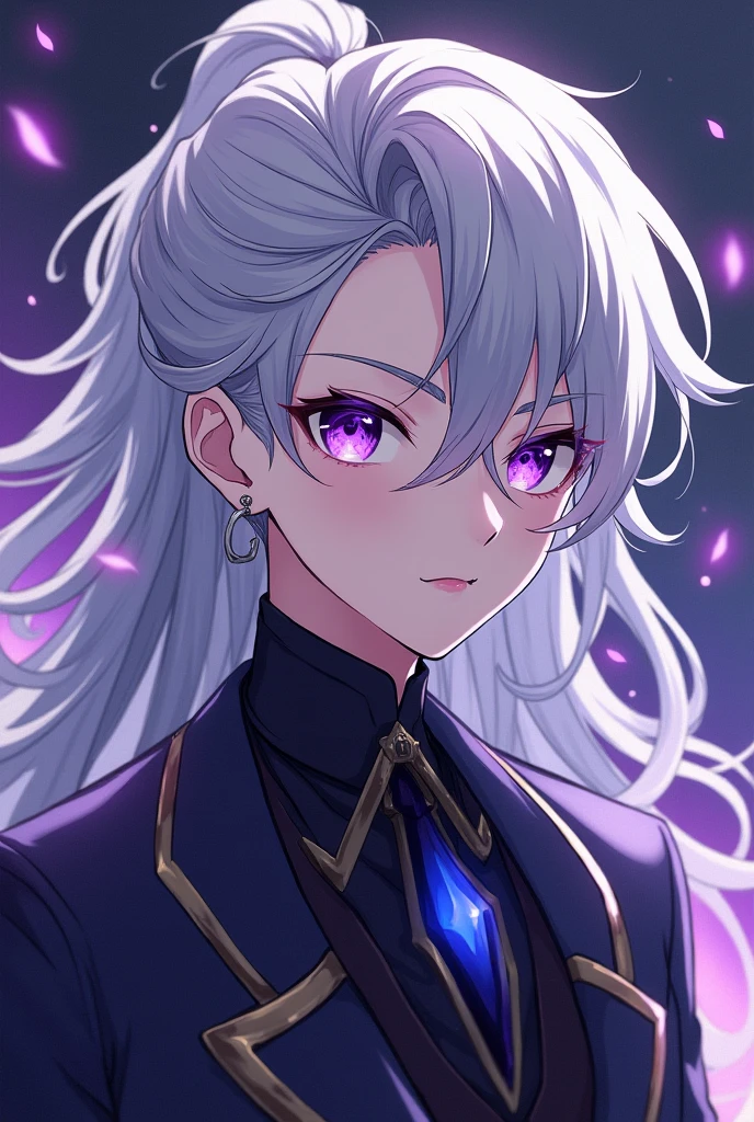 Anime, handsome youth, long silver hair that is slightly pulled back on the left side
very ruffled at his forehead, dividing into multiple other strands, mesmerising amethyst eyes, male idol, left ear piercing in form of a cross, noble bearing, demon ascendance, Enkidu appearance, sci-fi clothes