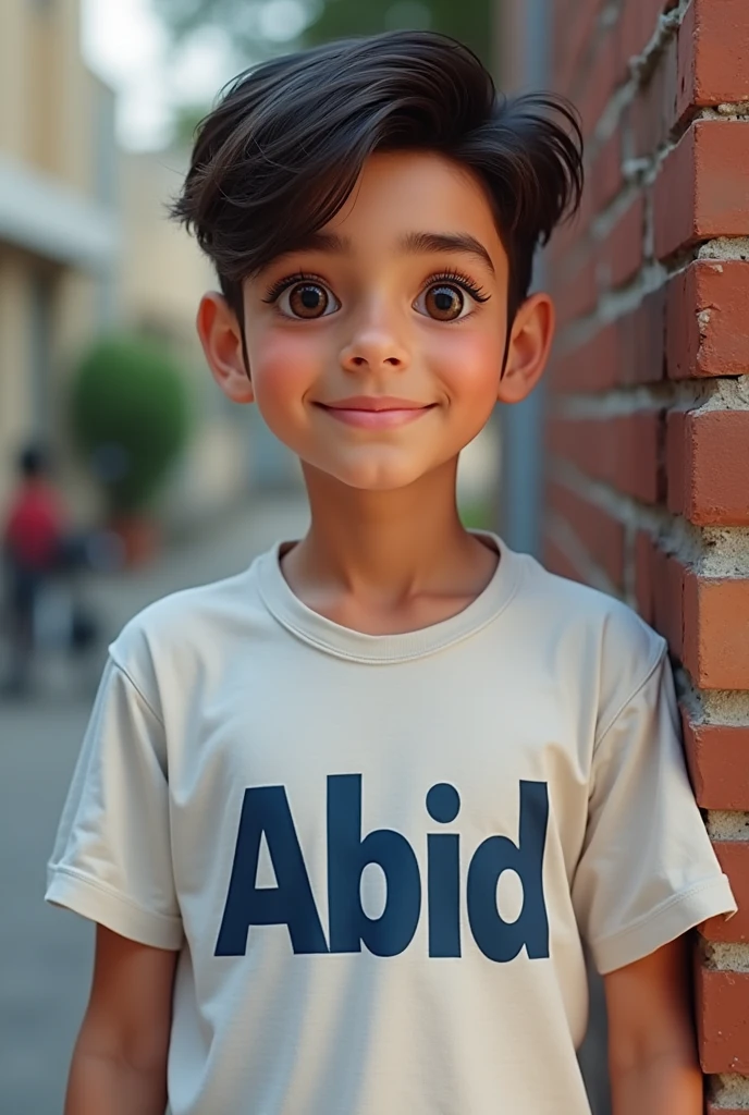 15th august pic . A handsome boy  .which tshirt write Abid . School background  
