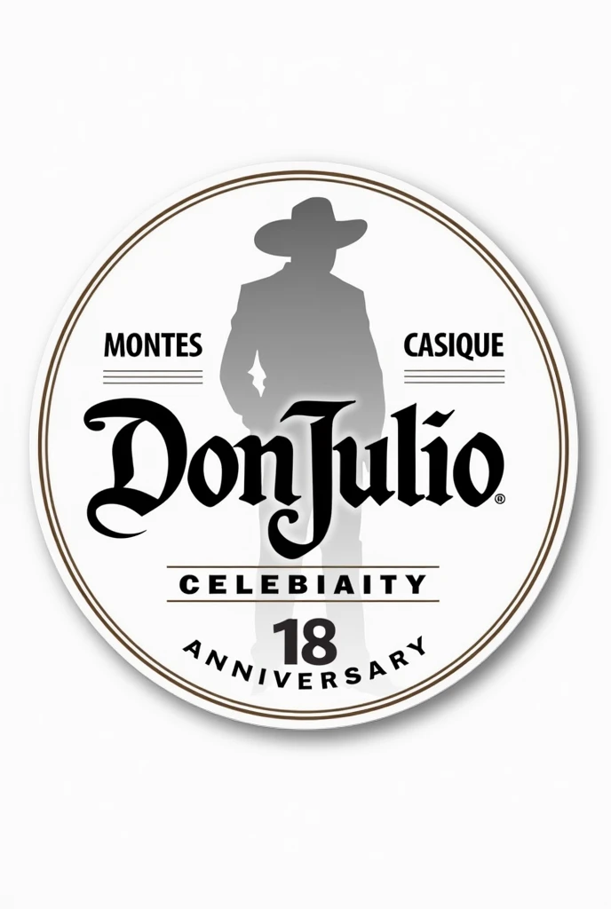 A round logo with the word Don Julio in the center and a small shadow of a cowboy from the torso to the head above., Below the number 18 with the abbreviation for anniversary in English and on the left side the word Montes and on the right the word Casique all in black and white and surrounded by two thin lines in png so it can be used as a sticker