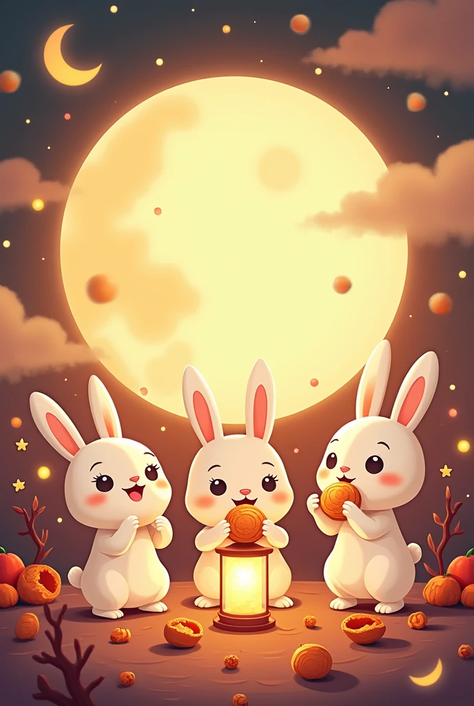 Above the round moon,There are several moon rabbits without clothes,Among them are two moon rabbits eating moon cakes,There is also a moon rabbit holding a lantern。Don't have an extra moon in the background behind the moon rabbit。The picture needs to have the atmosphere of Mid-Autumn Festival,And the picture should be cartoon style,Rather than a realistic style