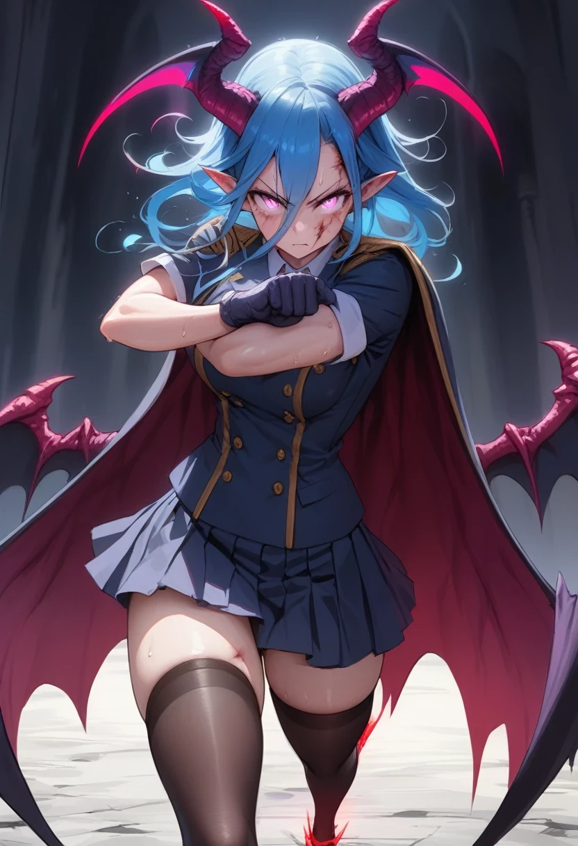 ((Best Quality)), ((masterpiece)), (detailed), Girl, uniforme colegial, Skirt, gloves, blue hair, bright pink eyes, medium-large breasts , fighting pose , demonic horns, dragon wings, thigh high stockings, high, elegant, pointy ears , serious expression, feminine, alone, good body , strong, powerful, long cape , Grips , magia powerful , Demonic shadows on the face , arms with demonic dark auras, glow , sweat , wounds , cuerpo strong , bright Eyes