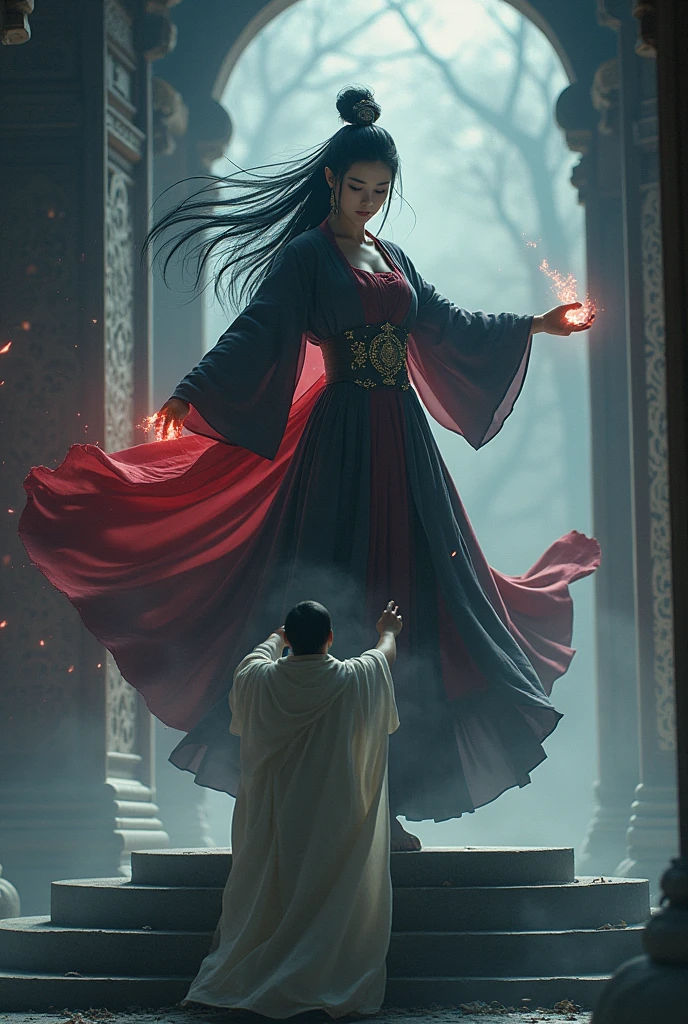 Tang Dynasty Full Dress Tang Dynasty Full Dress A fierce and beautiful young woman in black stands on a stone platform in the Demon God Temple, casting black magic, while a young man in white robes like a monk stands below, pushing the stone platform below.
