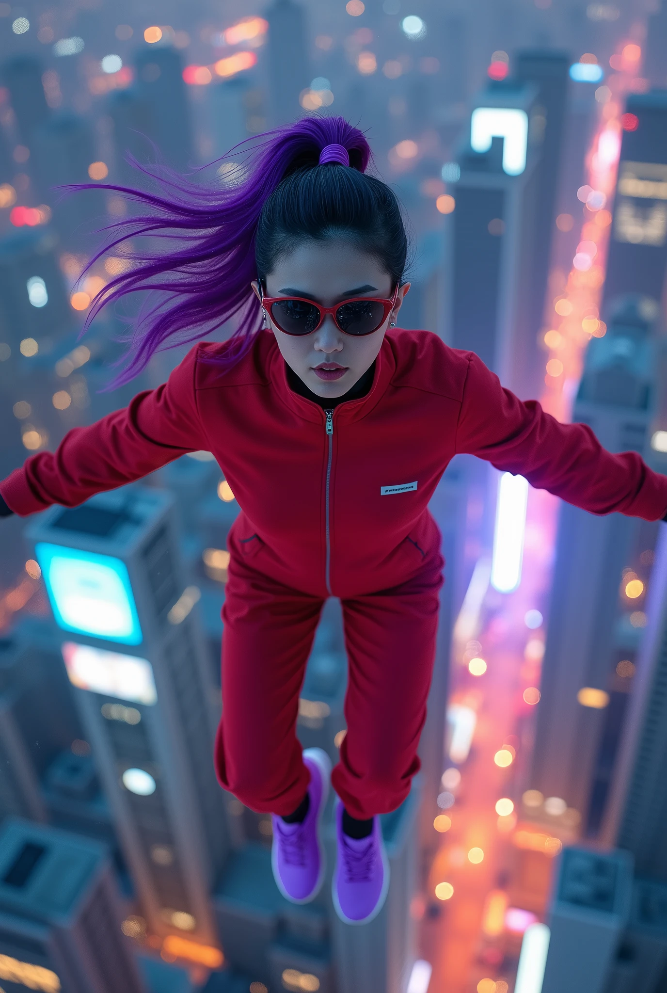 Young korean woman flying over seoul korea at night, close up, body-mounted camera shot. red track suit, sunglasses, purple shoes, purple ponytail