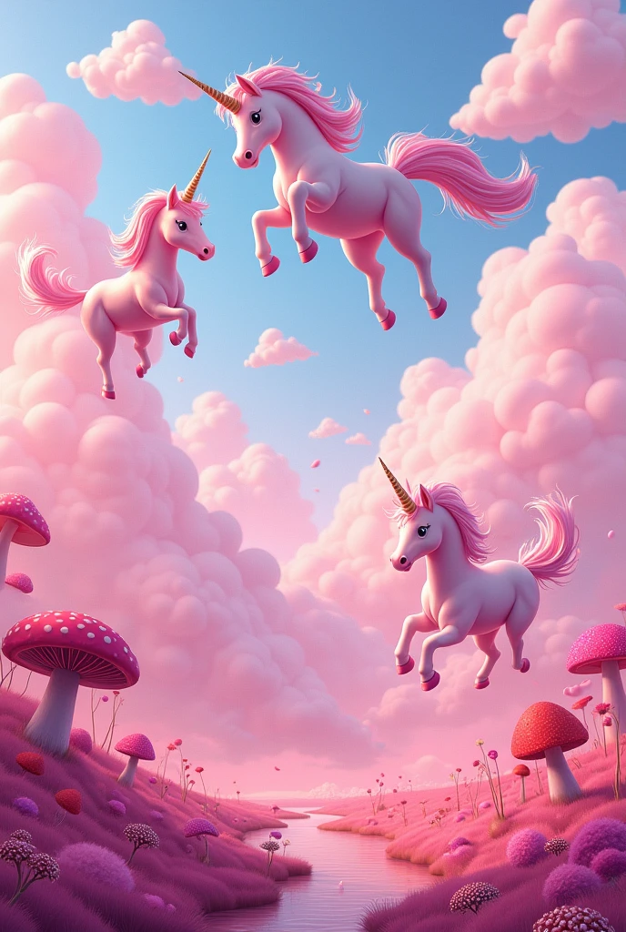 A pink world with clouds shaped like edible breasts. Flying unicorns that jump around and fart rainbows. Flowers shaped like spiky magic mushrooms and flying sperm. Cartoon like creation