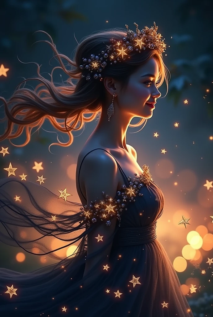 Ornaments of light, dramatic illusion of nature everywhere and a lady is feeling the environment with a lovely smile wearing a lantern light dress with so many star designs